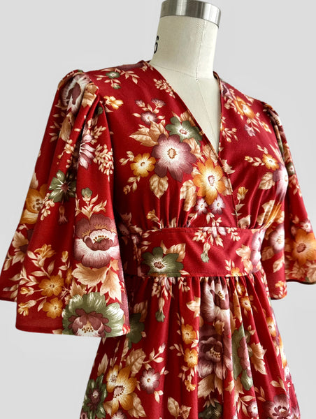 1970s  Bohemian Floral Dress - Rouge